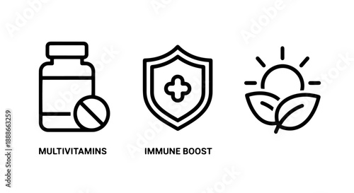 Immune Boost Icons: Multivitamins, Shield with Cross, and Sun with Leaves for Health