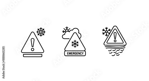 Winter Emergency Alert Icons: Warning Signs, Snowflakes, and Icy Conditions
