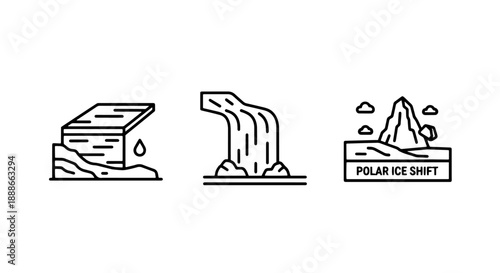 Polar Ice Shift Icons: Melting Ice, Waterfall, and Iceberg for Climate Change Concepts
