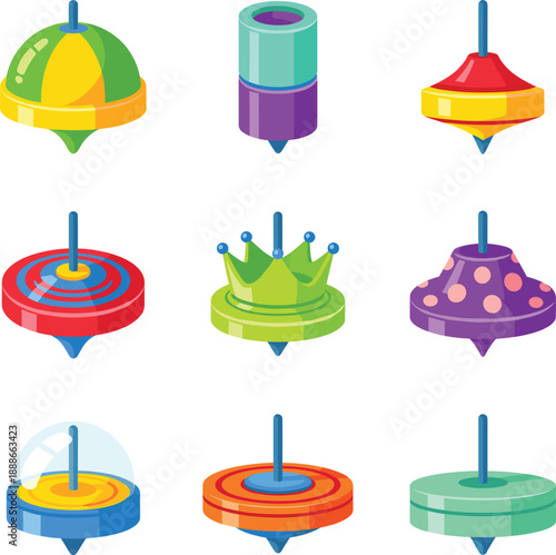 Colorful spinning top toy vector set with playful shapes and traditional kids game design