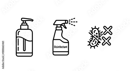 Hygiene icons: liquid soap dispenser, disinfectant spray bottle, and crossed-out bacteria for cleanliness.
