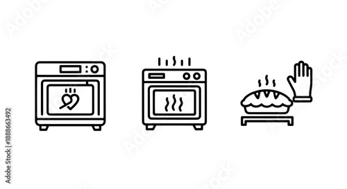 Line art icons depicting the process of baking a delicious homemade pie with an oven and a protective mitt, perfect for culinary and kitchen themes.