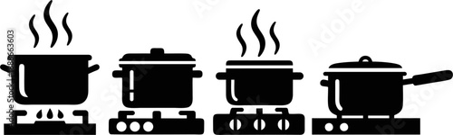 Cooking Pots on Stove Icon Set Vector Illustration