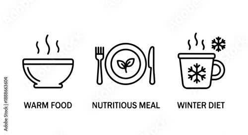 Warm and nutritious winter diet line icons, illustrating a hot steaming bowl, a healthy meal, and a cozy beverage with snowflakes.