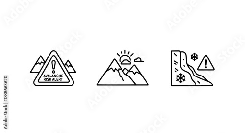 Mountain safety and weather alert line icons, depicting avalanche risk, sunny mountain landscapes, and dangerous snow slopes.