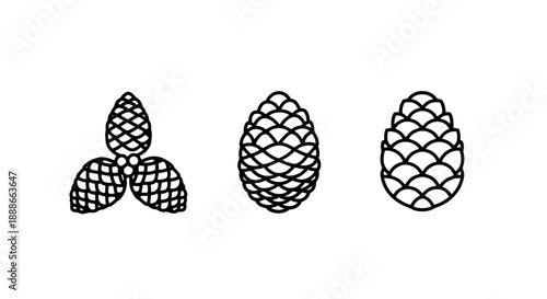 Natural forest element line icons, showcasing a beautiful collection of pine cones in various shapes and arrangements, symbolizing nature and autumn/winter.