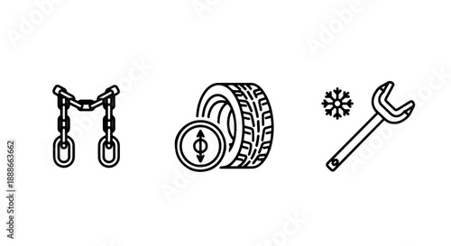 Winter vehicle maintenance and safety line icons, featuring snow chains, tire balance, and a wrench with a snowflake for cold weather repairs.