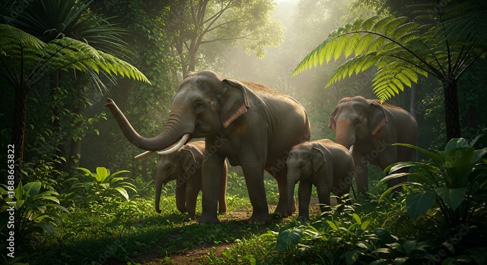 Fototapeta premium A family of elephants walking through a lush green forest with sunlight filtering through the trees