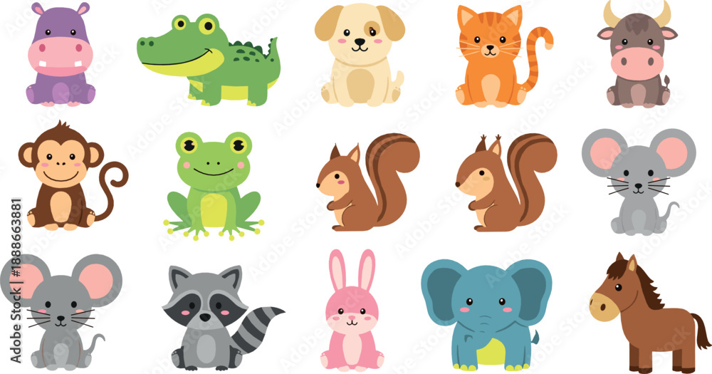 Obraz premium Cute animal character collection vector with jungle, farm, and woodland animals, colorful cartoon pets and wildlife illustration set