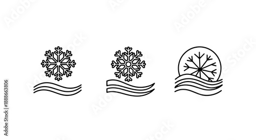 Crisp Winter Climate Icons: Snowflakes and Cold Air Flow Symbols Representing Freezing Temperatures, Weather, and Refrigeration Concepts