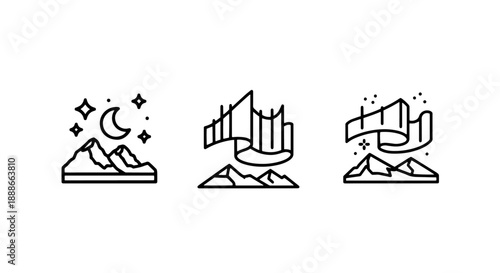 Beautiful Outline Icon Set Depicting Majestic Natural Phenomena: Northern Lights Aurora Borealis Over Mountains and Starry Night Sky Landscapes