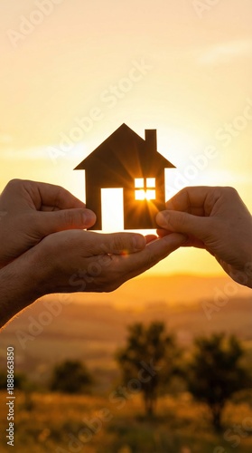 Hands hold model house at sunset. Beautiful sunset creates warm atmosphere. Concept of home ownership and real estate investment. Ideal vertical image for family and lifestyle branding.