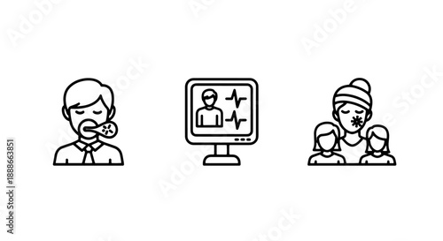 Medical and Health Concern Icons: Person Using Inhaler, Patient Monitoring, and Family Illness with Allergic Reactions or Sickness Symbols