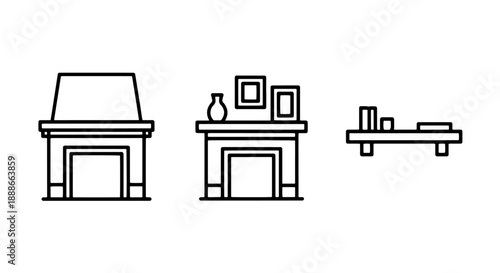 Home Interior Decor Icons: Elegant Fireplace with Mantelpiece and Wall Shelf, Representing Living Room Furnishings and Cozy Ambiance