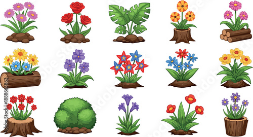 Cute garden flower and plant collection vector with colorful blossoms, bushes, logs, and decorative nature elements illustration set