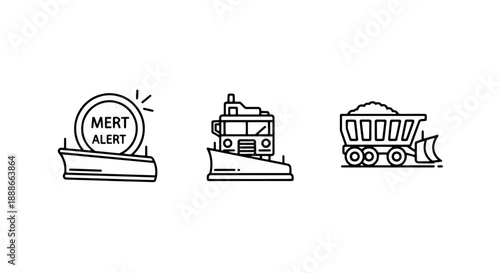 Winter Road Maintenance Icons: Snow Plow Truck, Snow Alert Warning, and Dump Truck Hauling Snow for Public Safety and Removal Services