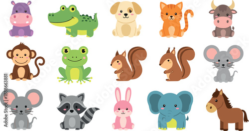 Cute animal character collection vector with jungle, farm, and woodland animals, colorful cartoon pets and wildlife illustration set
