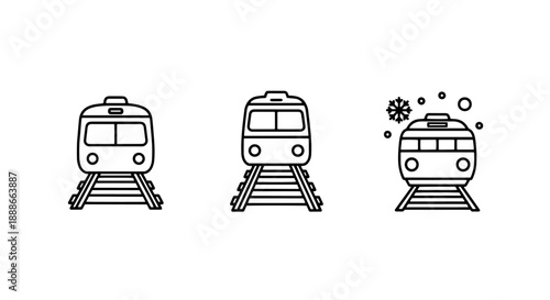 Rail Transport and Winter Journey Icons: Train on Tracks and Snowy Train, Illustrating Commute, Travel, and Seasonal Public Transportation