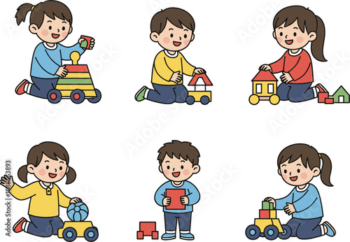 Cute children playing with toys vector set showing happy kids and early learning activities