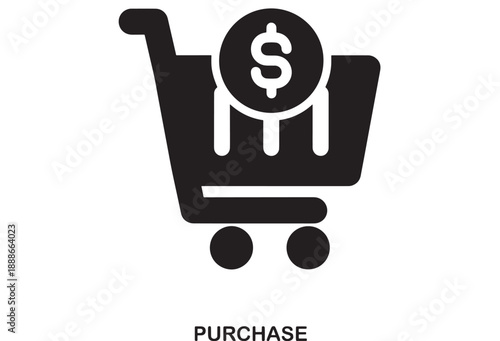 Black icon of a shopping cart with a dollar coin, representing purchase and payment for goods and services online or in-store