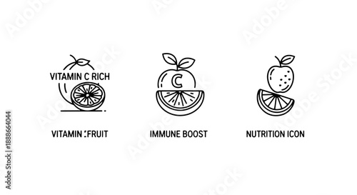 Vitamin C Rich Fruit and Immune Boost Line Art Icons: Healthy Nutrition and Citrus Food Symbols