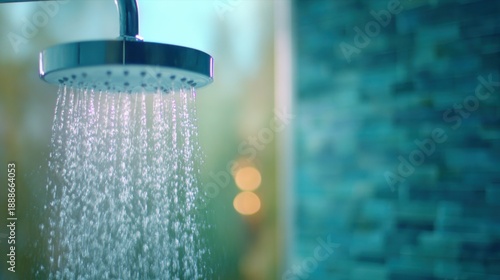 Water flows from a modern shower head in a bright and clean bathroom space