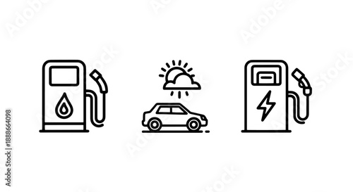 Vehicle Fueling and Charging Station Line Art Icons: Gasoline Pump, Electric Car Charger, and Weather Elements