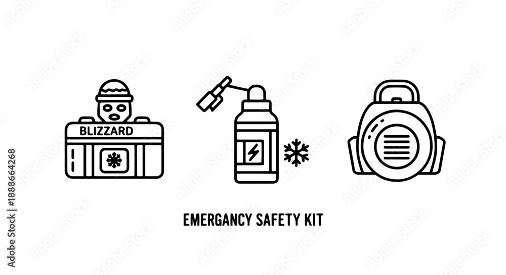 Fototapeta premium Blizzard Emergency Safety Kit: Cold Weather Survival Gear and Backpack Outline Icons