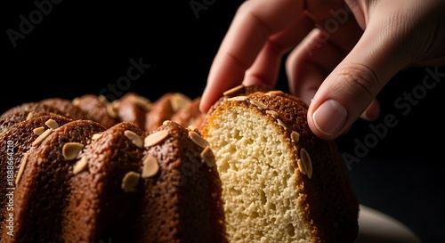 Hand gently lifts a delicious slice of golden homemade almond bundt cake from a beautifully baked dessert