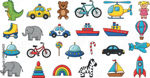 Cute toy and vehicle collection vector with animals, cars, bikes, boats, rockets, balloons, and colorful cartoon kids illustration set