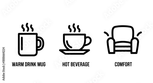 Cozy Hot Drinks and Comfort: Steaming Mugs and Warm Beverage Icons with an Armchair
