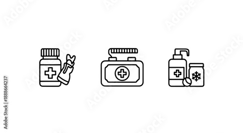 Winter Healthcare and Skincare: Medical Kit, Pills, and Hydration Products Outline Icons Set