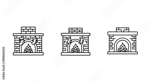 Festive Christmas Fireplace: Cozy Hearth with Burning Logs and Hanging Stockings Outline Icons