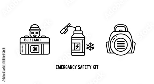 Blizzard Emergency Safety Kit: Cold Weather Survival Gear and Backpack Outline Icons