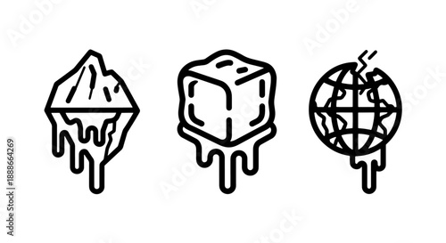 Global Warming and Climate Change: Melting Icebergs, Cubes, and Earth Outline Icons