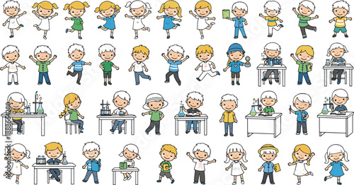 Cute school kids character collection vector with boys and girls studying, playing, learning, and classroom activities, colorful cartoon children set