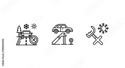 Comprehensive line art icons for winter car maintenance and road safety, including snow hazards, vehicle service, and seasonal checks.