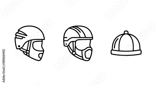Versatile line art icons depicting various protective helmets for sports and activities, along with a warm beanie hat, useful for safety and apparel themes.