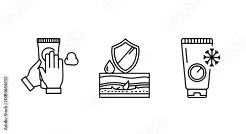 Protective line art icons for skin care, depicting cream application, hydration, and defense against cold weather, ideal for beauty and wellness branding.