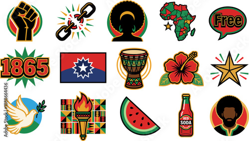 Large Set of Flat Vector Icons for Juneteenth Freedom Day.