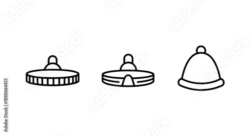Collection of line art icons showcasing different styles of modern and casual caps and hats, perfect for fashion, apparel, and accessory design.