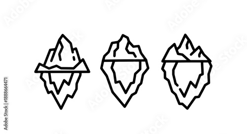 Abstract line art icons depicting various stylized icebergs, representing cold environments, natural formations, or the concept of hidden depth and challenges.