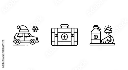 Diverse line art icons for winter travel safety, including a festive car, a crucial first aid kit, and a bottle with weather information for preparedness.