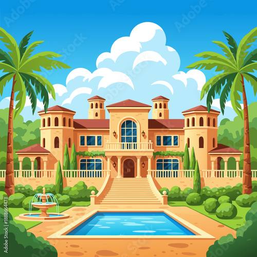 Luxurious mansion with pool and palm trees vector illustration of a tropical estate viewed from the front