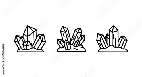 Exquisite line art icons depicting beautiful crystal clusters and geode formations, symbolizing natural beauty, geology, and precious minerals.