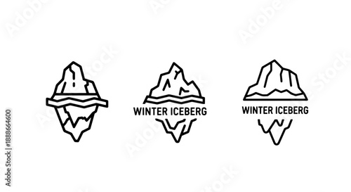 Striking line art icons depicting various winter icebergs, illustrating cold environments, frozen landscapes, and the vastness of glacial formations.