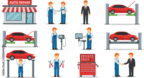 Auto repair service vector set with mechanics car lifts diagnostics tools and workshop scenes isolated