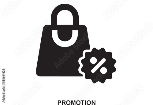 Black shopping bag icon with a serrated percentage discount symbol next to it on a white background, representing sales and promotions