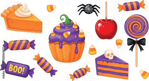 Cute Halloween sweets vector set with cupcakes, candy, lollipops, caramel apples, spooky treats, and colorful festive dessert illustrations