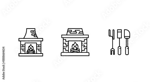 Classic line art icons of brick fireplaces with burning logs and a set of fireplace tools, representing cozy home heating and winter comfort.